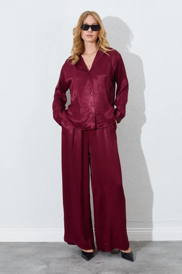 Kadın Bordo Beli İnce Lastik Detaylı Saten Pantolon