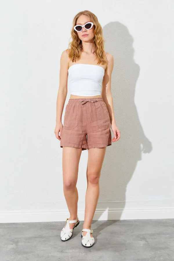 Kadın Vizon Önden Cepli Keten Şort