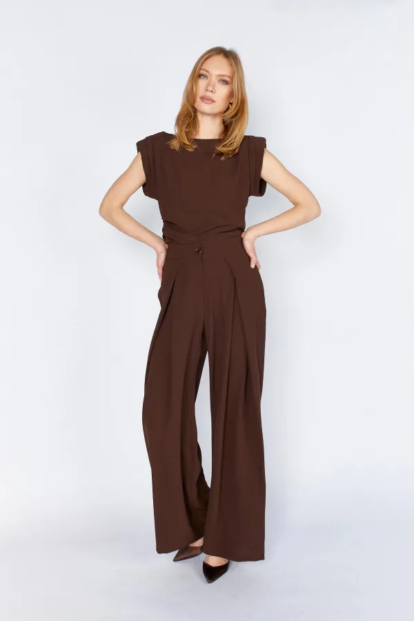 Kadın Kahverengi 20236 Ön Içe Girmeli Pileli Bol Paça Pantolon