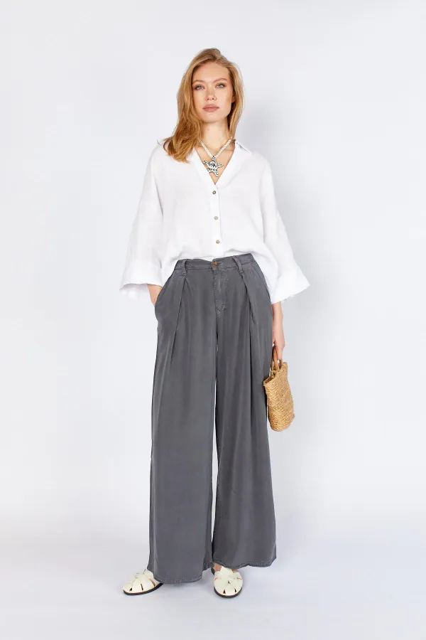 Women's Anthracite YP5115 Double Pleated Wide Leg Tencel Trousers