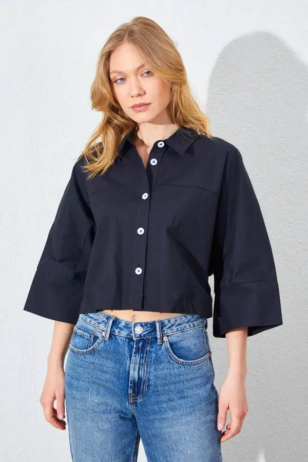 Kadın Siyah Düşük Kol Çımalı Crop Poplin Gömlek