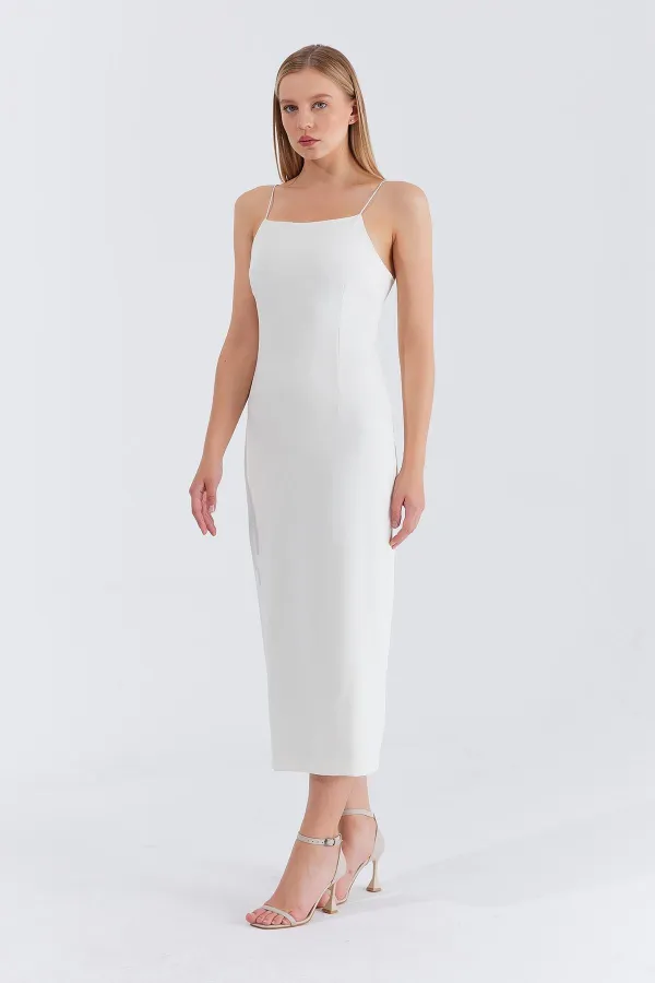 Kadın Ekru Askılı Uzun Elbise
