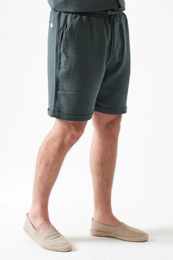 Erkek Çam Yeşili Baggy Double Paça Müslin Şort