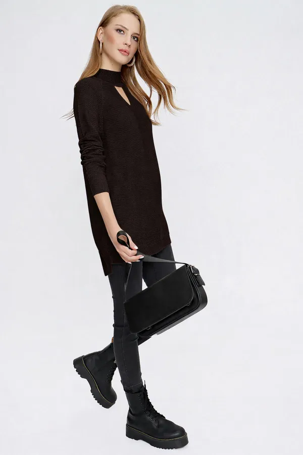 Kadın Kahve Önü Pencereli Triko Kazak