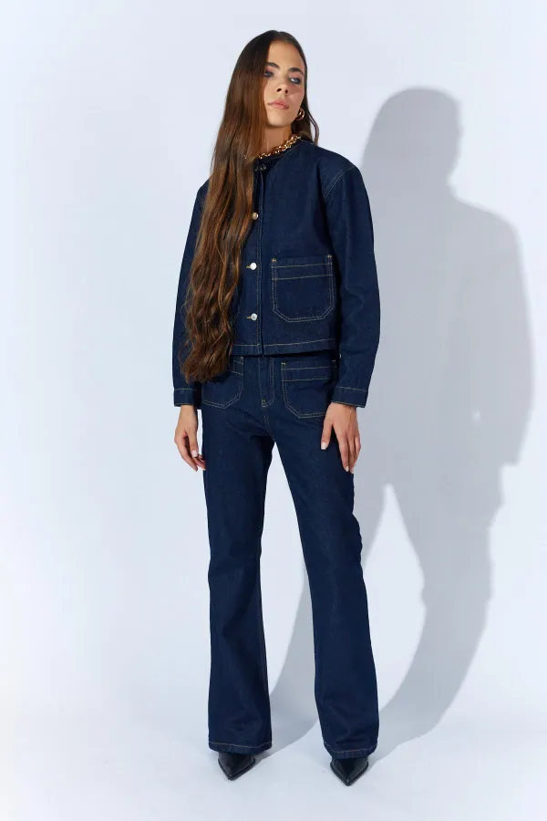 Kadın Rins Yıkama Bisiklet Yaka Cepli İspanyol Pantolonlu Jean Takım