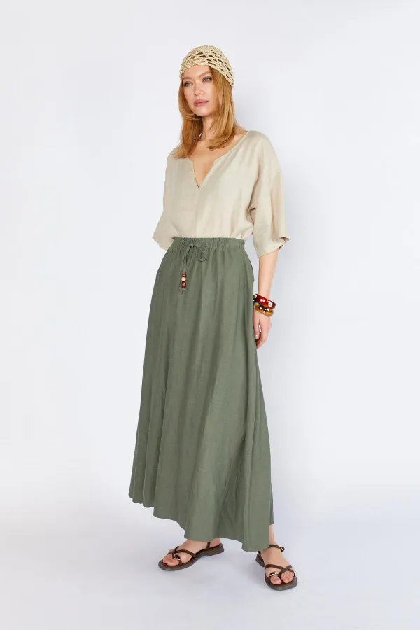 Kadın Haki Eteği Kalın Dikişli Beli Lastikli Etek