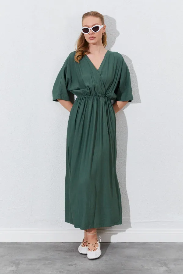 Kadın Haki Düşük Kol Yanları Yırtmaçlı Uzun Elbise