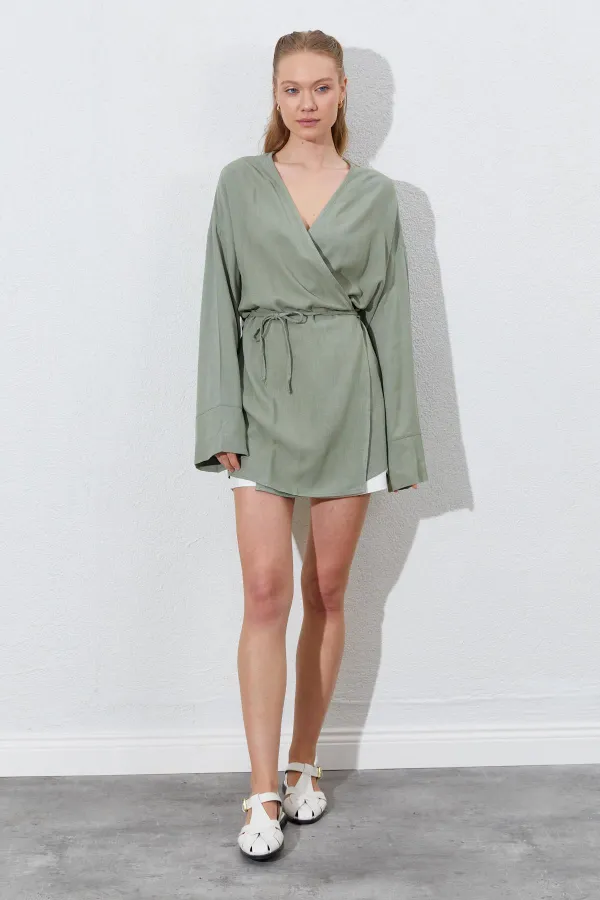 Kadın Haki Kruvaze Yaka İp Bağlamalı Ceket