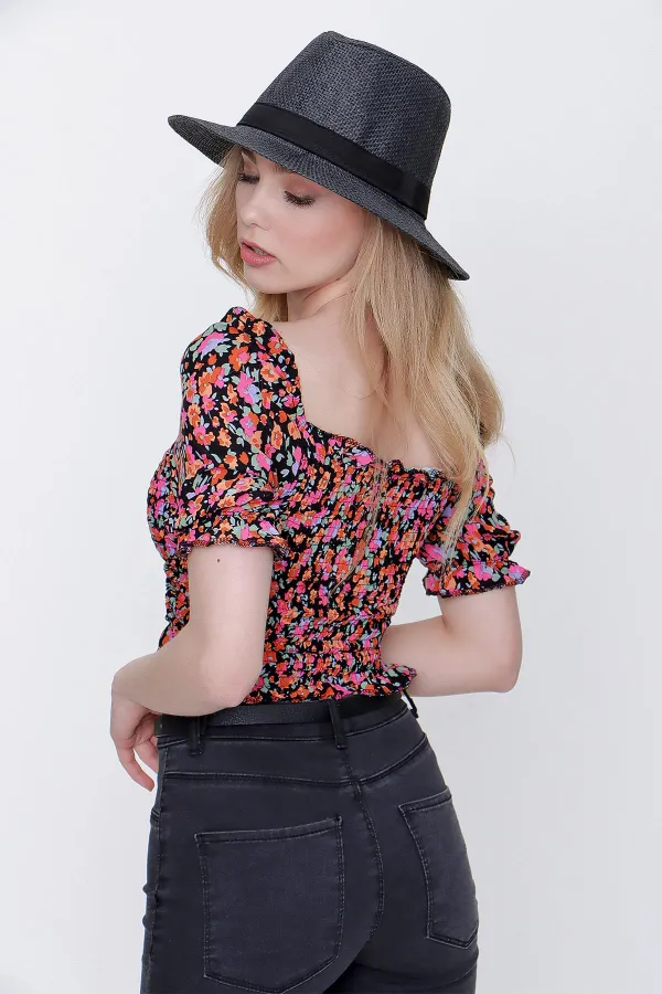 Kadın Desen-1 Gipeli Ön Büzgülü Crop Bluz