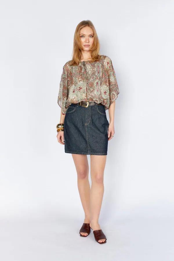 Kadın Rins Yıkama Beli Kemerli Mini Jean Etek