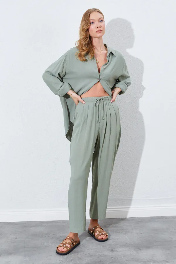 Kadın Haki Beli Lastikli Havuç Kesim Keten Pantolon