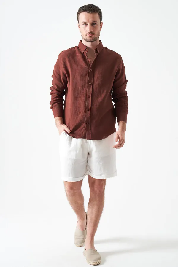 Erkek Ekru Baggy Double Paça Müslin Şort