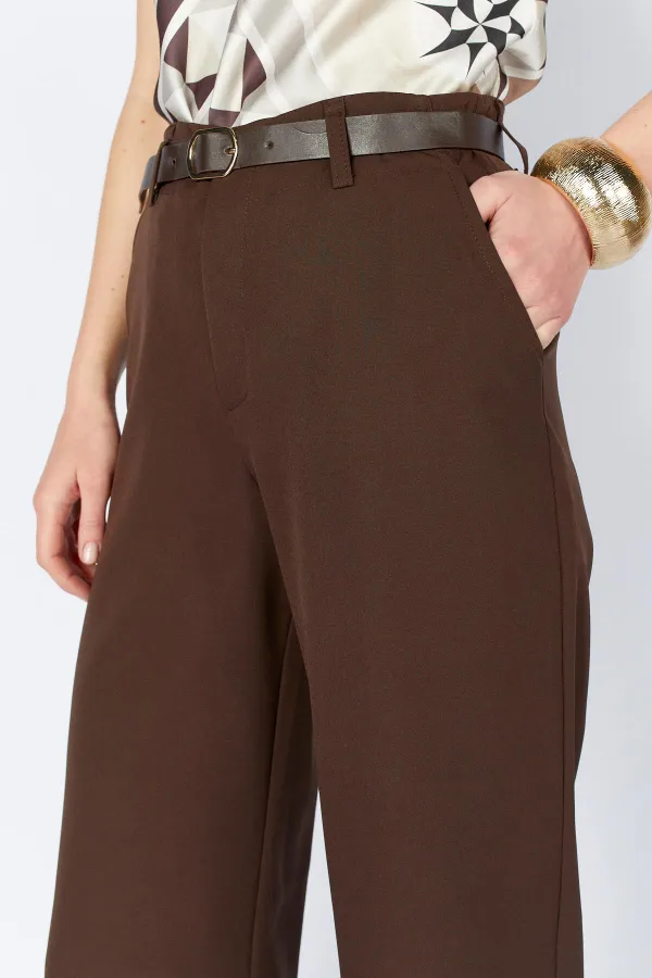 Kadın Kahve 2039 Beli Kemerli Bol Paça Pantolon