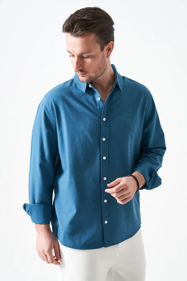 Erkek Petrol Uzun Kol Basic Pamuk Flam Regular Gömlek