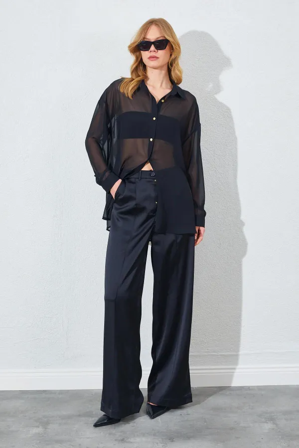 Kadın Siyah Şifon Bluz Saten Pantolon Takım