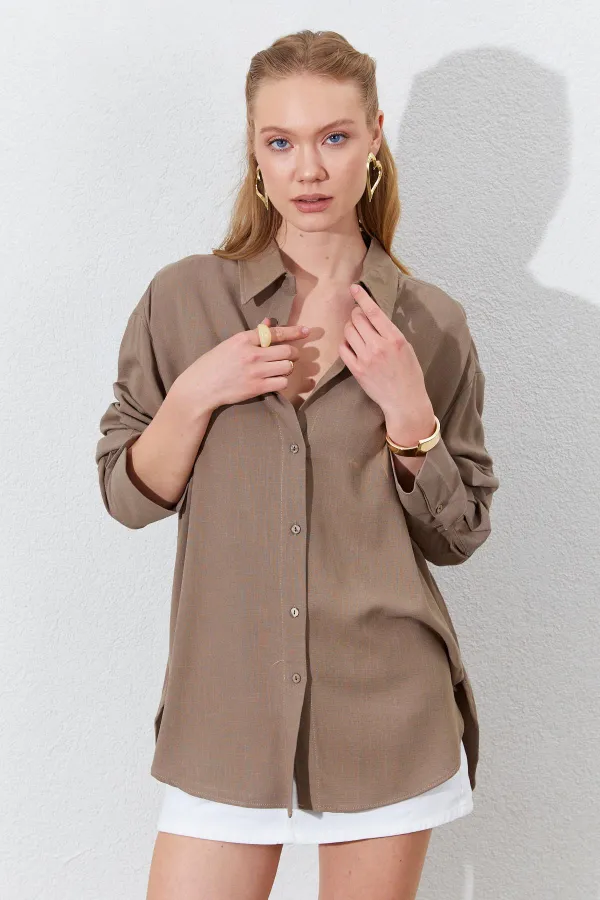 Kadın Toprak Oversize Keten Gömlek