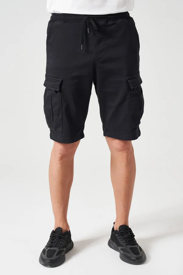 Short cargo noir en maille pour homme avec taille côtelée