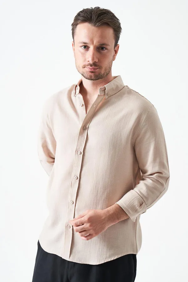 Erkek Bej Uzun Kol Regular Basic Müslin Gömlek