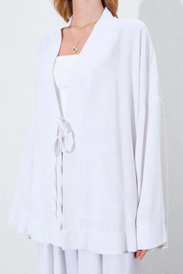 Kadın Naturel Önü İp Bağlamalı Kimone Ceket