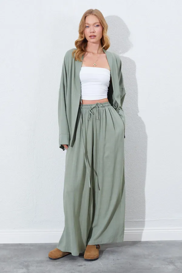 Kadın Haki Beli Lastikli Palazzo Keten Pantolon