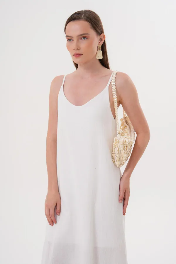 Kadın Ekru İp Askılı Yanı Yırtmaçlı Müslin Uzun Elbise