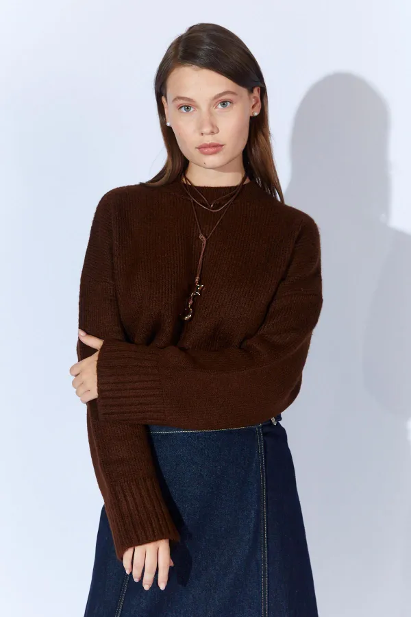 Kadın Kahve Bisiklet Yaka Basic Triko Kazak