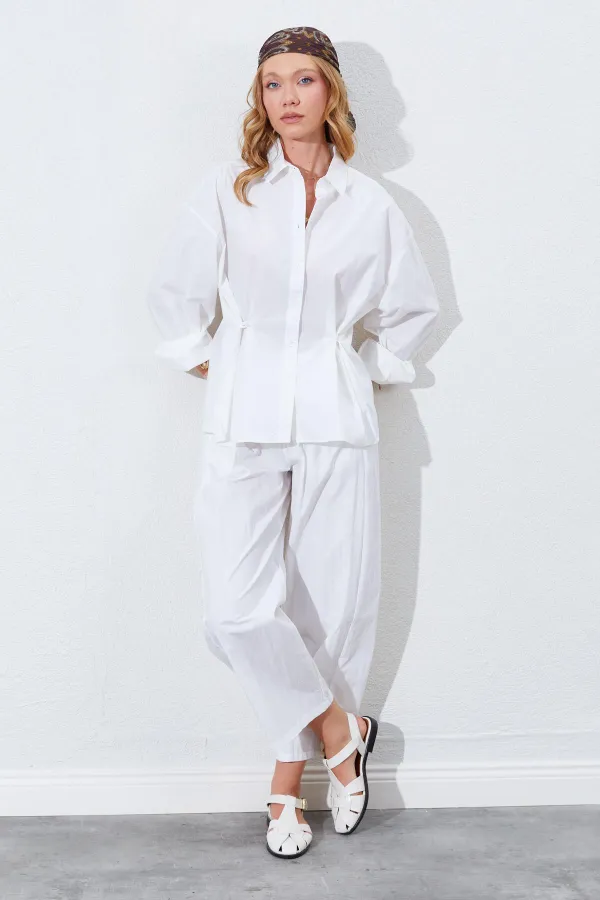 Kadın Kemik Bel Oturtmalı Bel Düğme Detaylı Gömlek