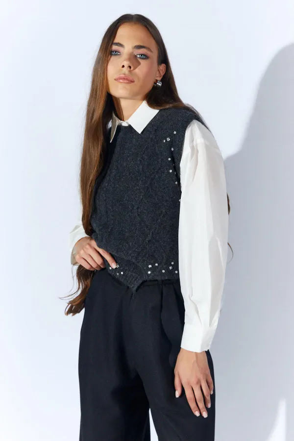 Kadın Antrasit Bisiklet Yaka Desenli Triko Süveter