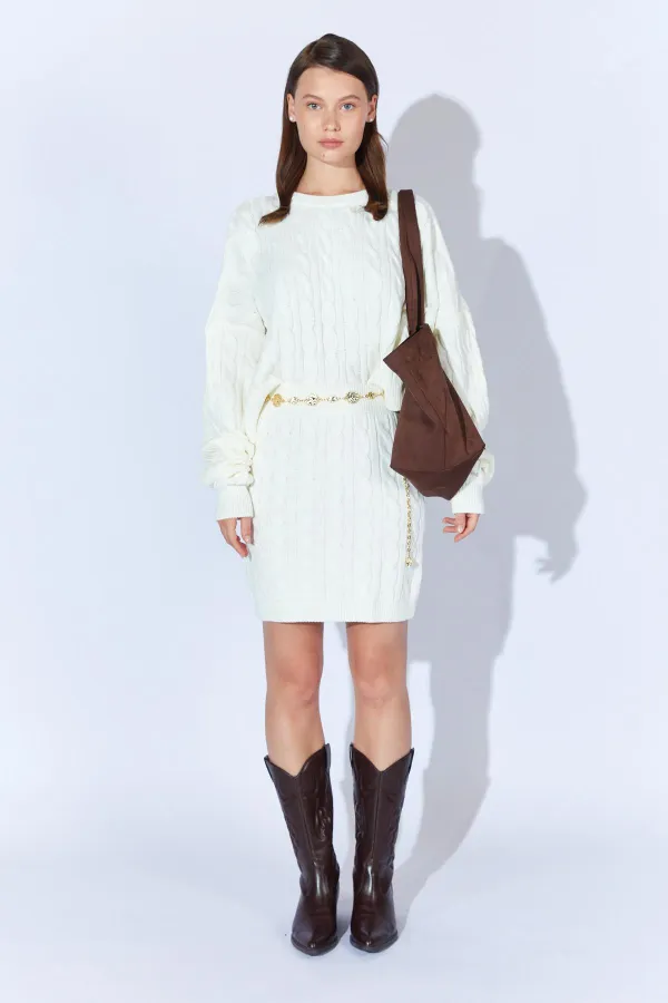 Kadın Kemik Saç Örgülü Etek Kazak Takım