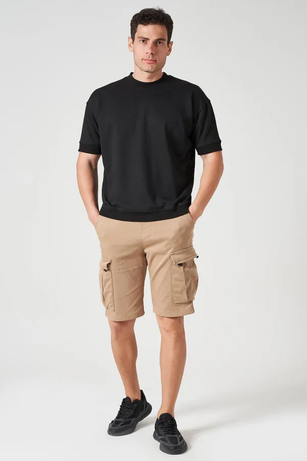 Men's Black Crew Neck T-Shirt with Ribbed Cuffs and Hem (Two Strings) Relaxed Fit