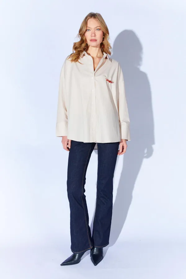 Kadın Bej Önü Kısa Arkası Uzun Oversize Poplin Gömlek