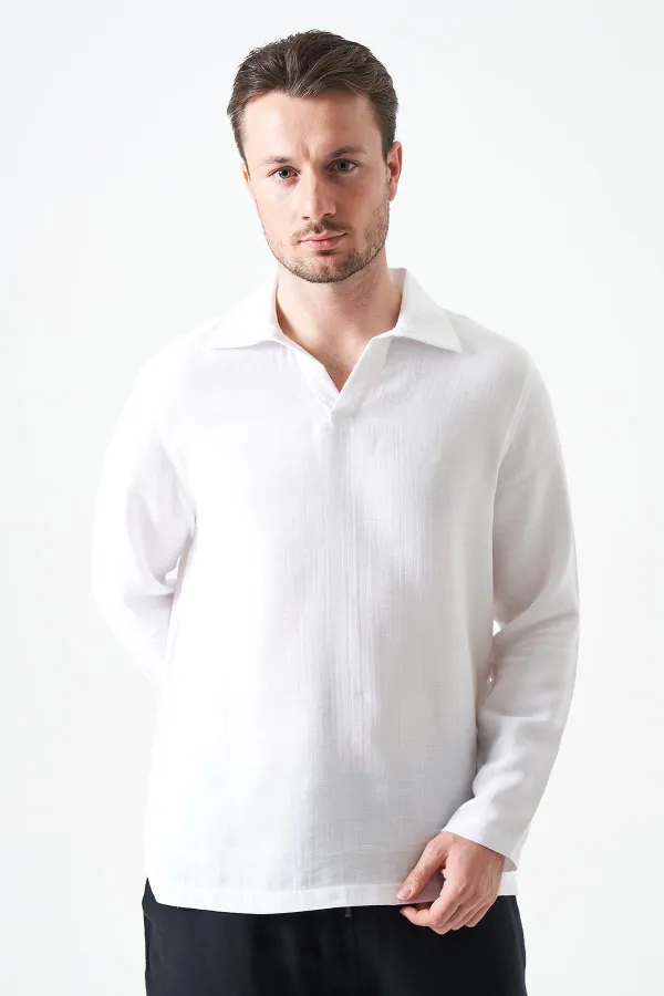 Erkek Beyaz Uzun Kol V Ayaklı Yaka Regular Müslin Gömlek