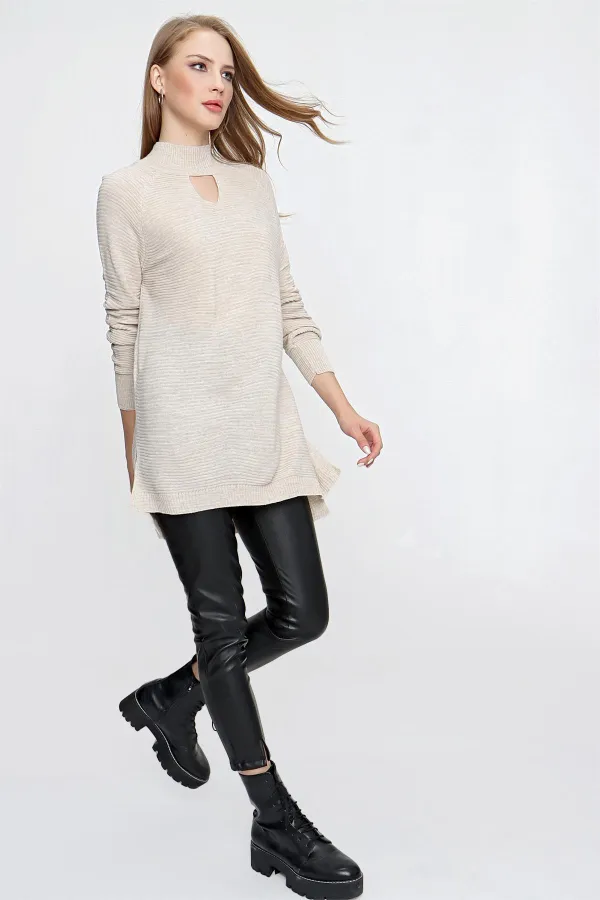 Kadın Taş Melanj Önü Pencereli Triko Kazak