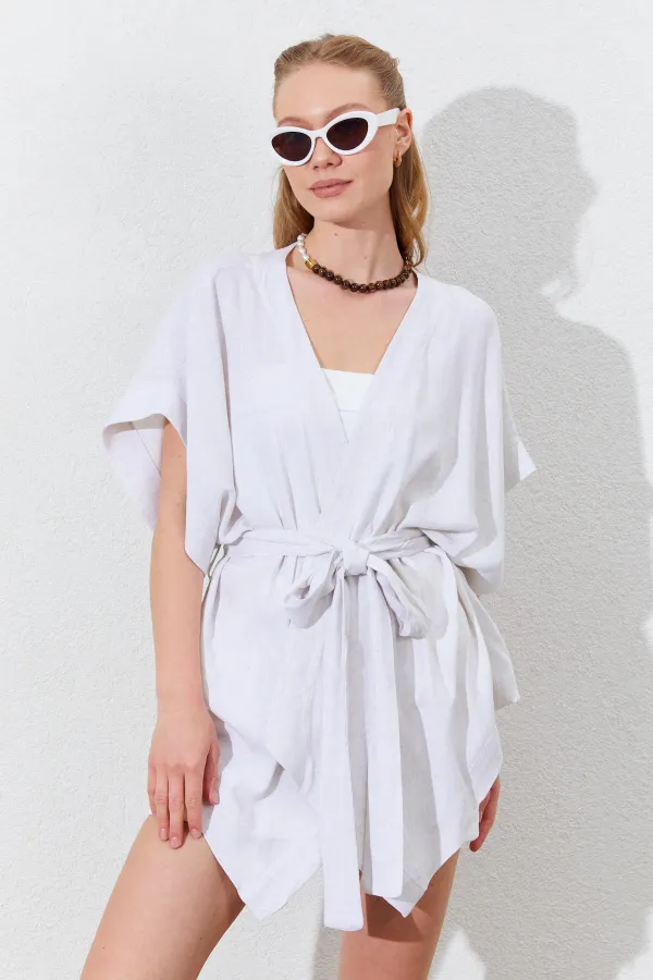 Kadın Naturel Düşük Kol Kuşaklı Kimono