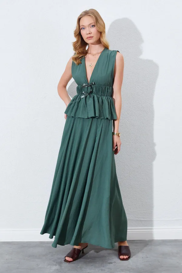 Kadın Haki Kolsuz Beli Gipeli Fiyonk Desenli Bluz