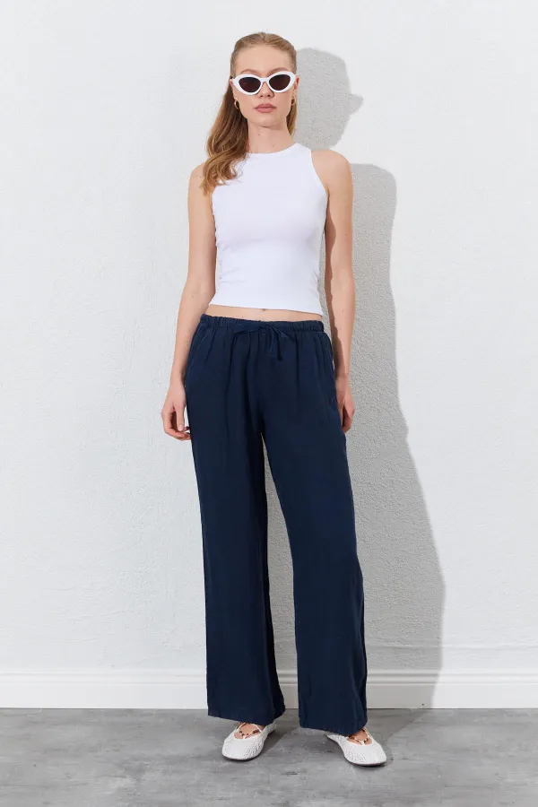 Women's Navy Blue Linen Wide Leg Trousers with Drawstring Waist and Side Pockets