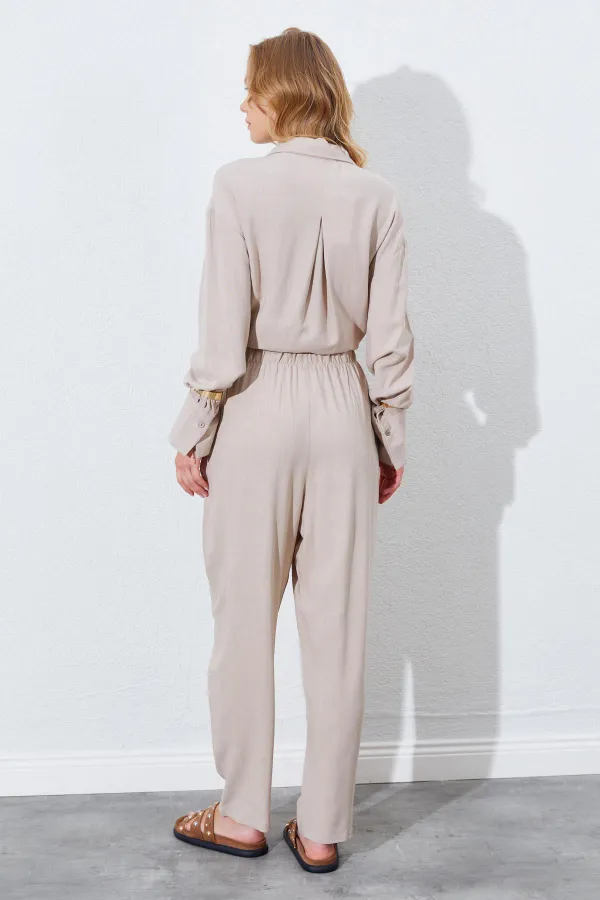 Kadın Koyu Bej Beli Lastikli Havuç Kesim Keten Pantolon