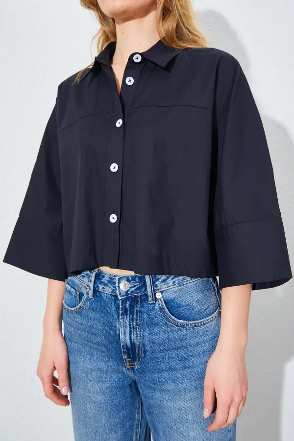 Kadın Siyah Düşük Kol Çımalı Crop Poplin Gömlek