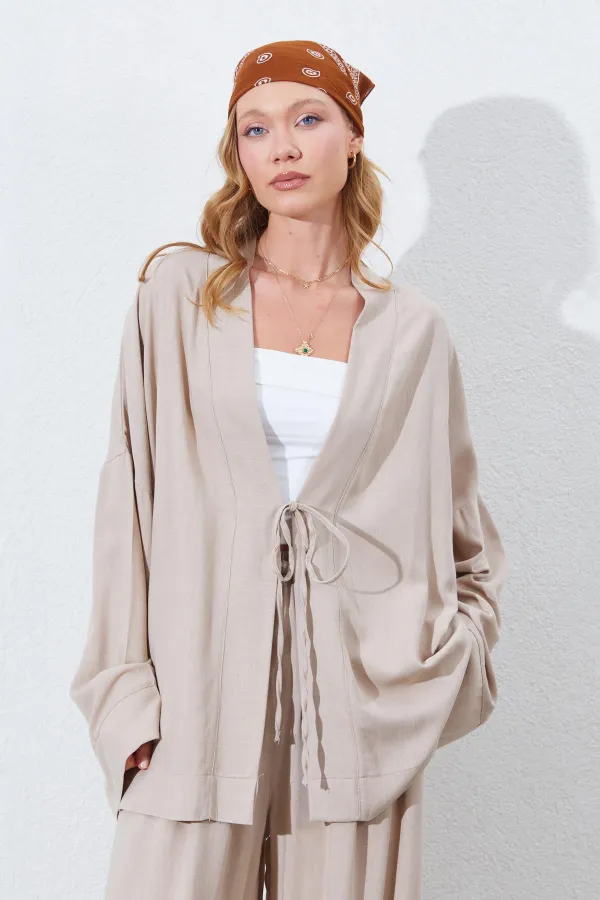 Kadın Koyu Bej Önü İp Bağlamalı Kimone Ceket