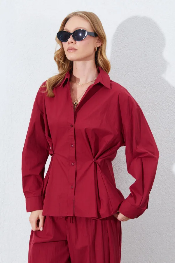 Kadın Bordo Bel Oturtmalı Bel Düğme Detaylı Gömlek