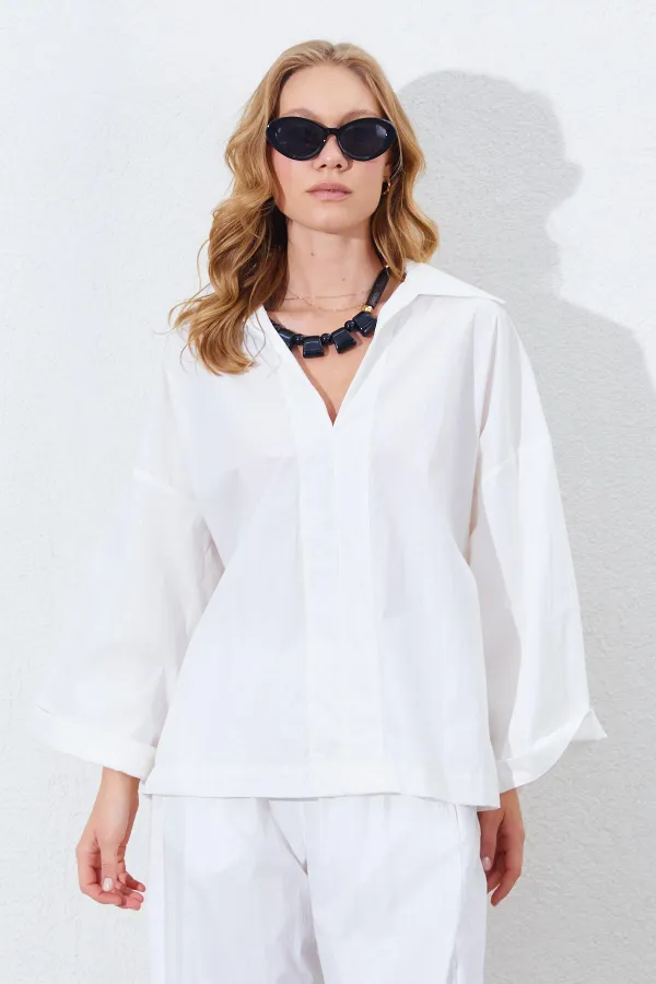 Kadın Kemik Derin V Yakalı Dirsek Kol Salaş Gömlek