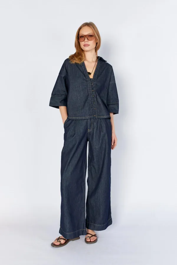 Kadın Rins Yıkama Gömlek Yaka Dirsek Kollu Gömlek Pantolonlu Jean Takım