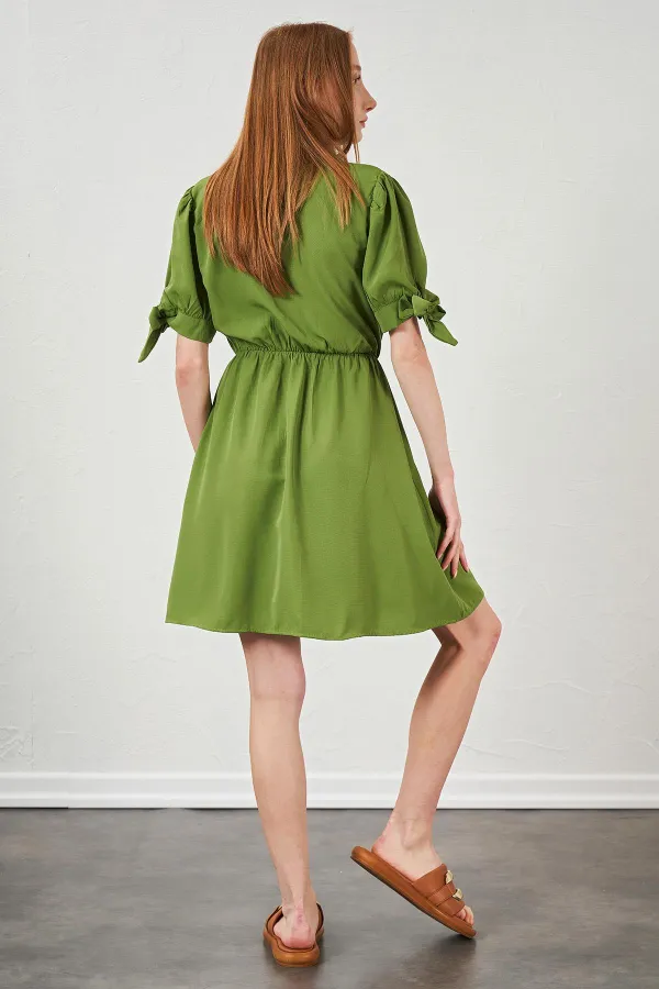 Kadın Petrol Yeşili Kolları Bağlamalı Poplin Elbise