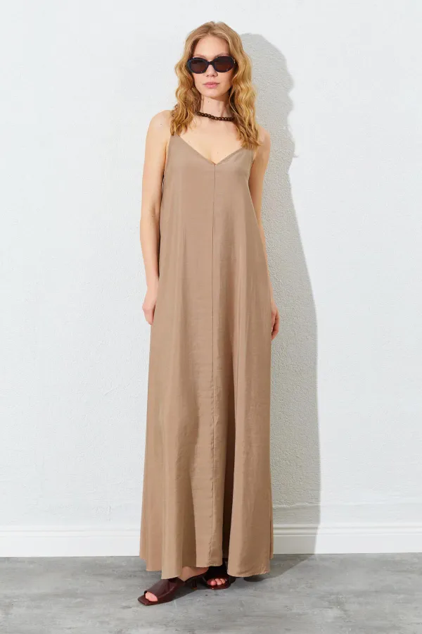 Kadın Vizon V Yaka Salaş Modal Kumaş Elbise