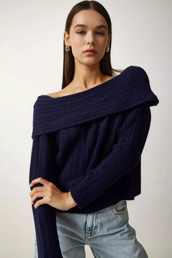 Kadın Lacivert Degaje Yaka Fitilli Triko Kazak
