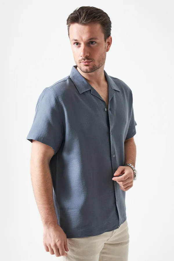 Erkek Antrasit Kısa Kol Apaj Yaka Müslin Regular Gömlek