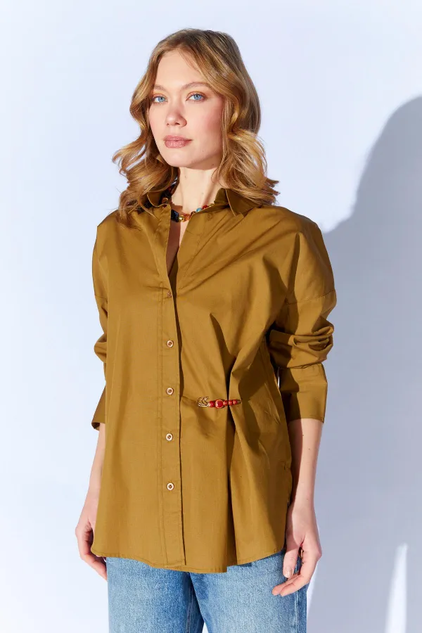 Kadın Haki Önü Kısa Arkası Uzun Oversize Poplin Gömlek