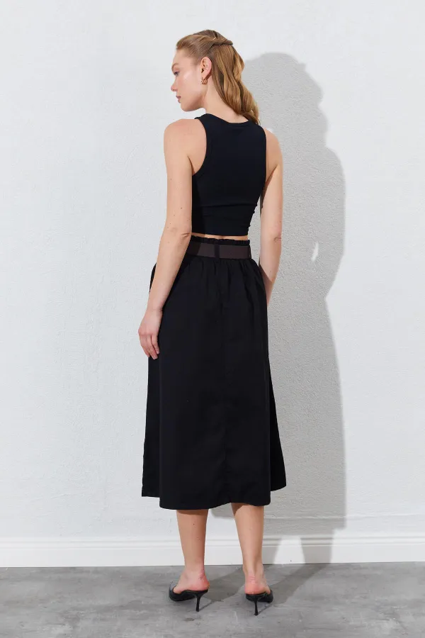 Kadın Siyah Palaska Kemerli Önü Cepli Gabardin Etek