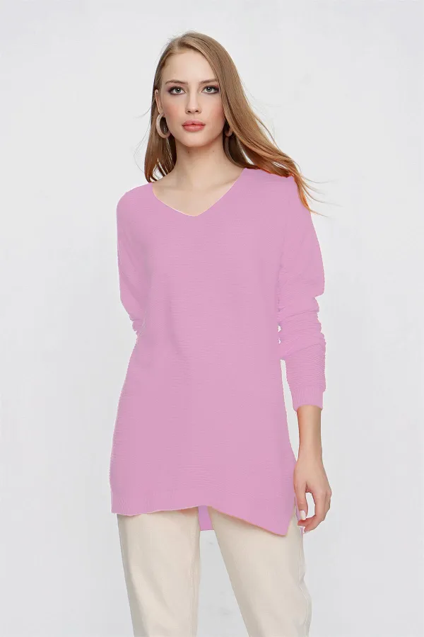 Kadın Pembe V Yaka Salaş Triko Kazak