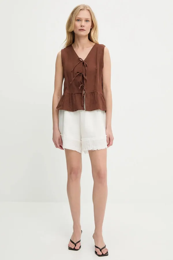 Kadın Kahve Önü Bağlamalı Kolsuz Eteği Fırfırlı Muslin Bluz